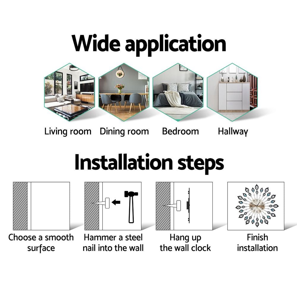 Artiss 60cm Wall Clock Large 3D Peacock Crystal Silver - RetroVibes.au