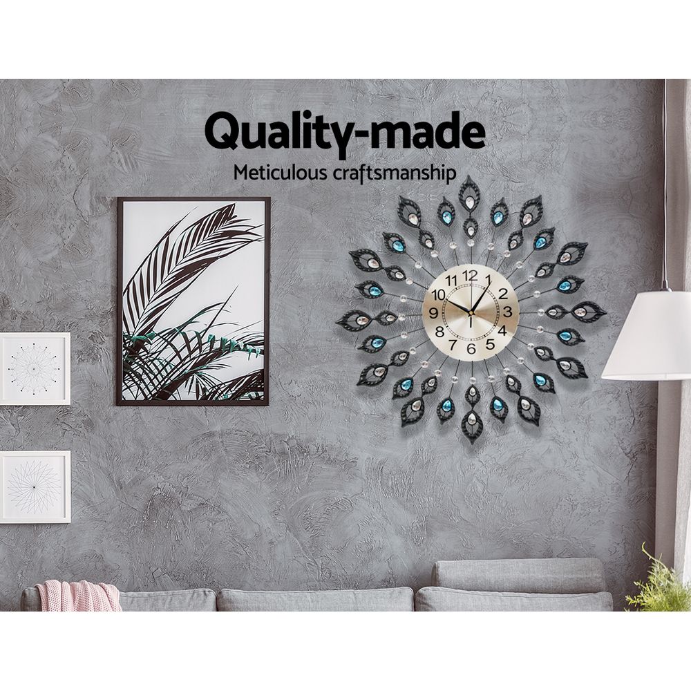 Artiss 60cm Wall Clock Large 3D Peacock Crystal Silver - RetroVibes.au
