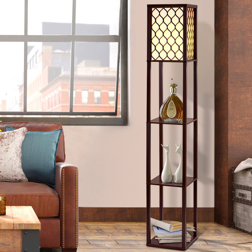 Artiss Floor Lamp 3 Tier Shelf Storage LED Light Stand Home Room Pattern Brown - RetroVibes.au