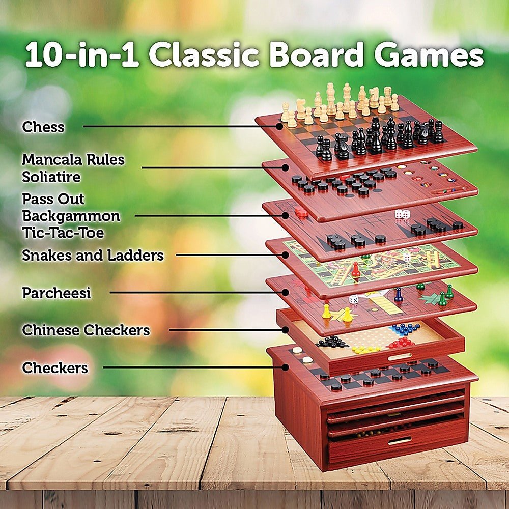 10 in 1 Wooden Chess Board Games Slide Out Checkers House Unit Set - RetroVibes.au