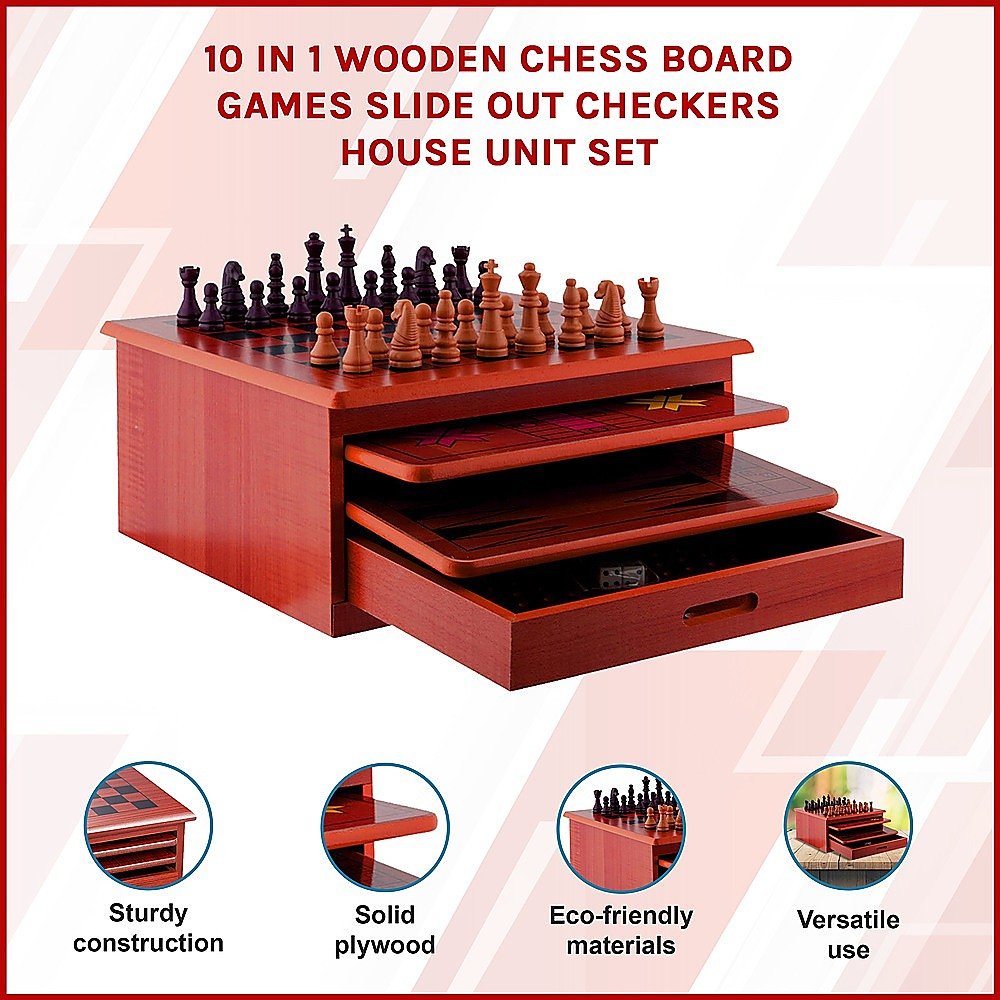 10 in 1 Wooden Chess Board Games Slide Out Checkers House Unit Set - RetroVibes.au