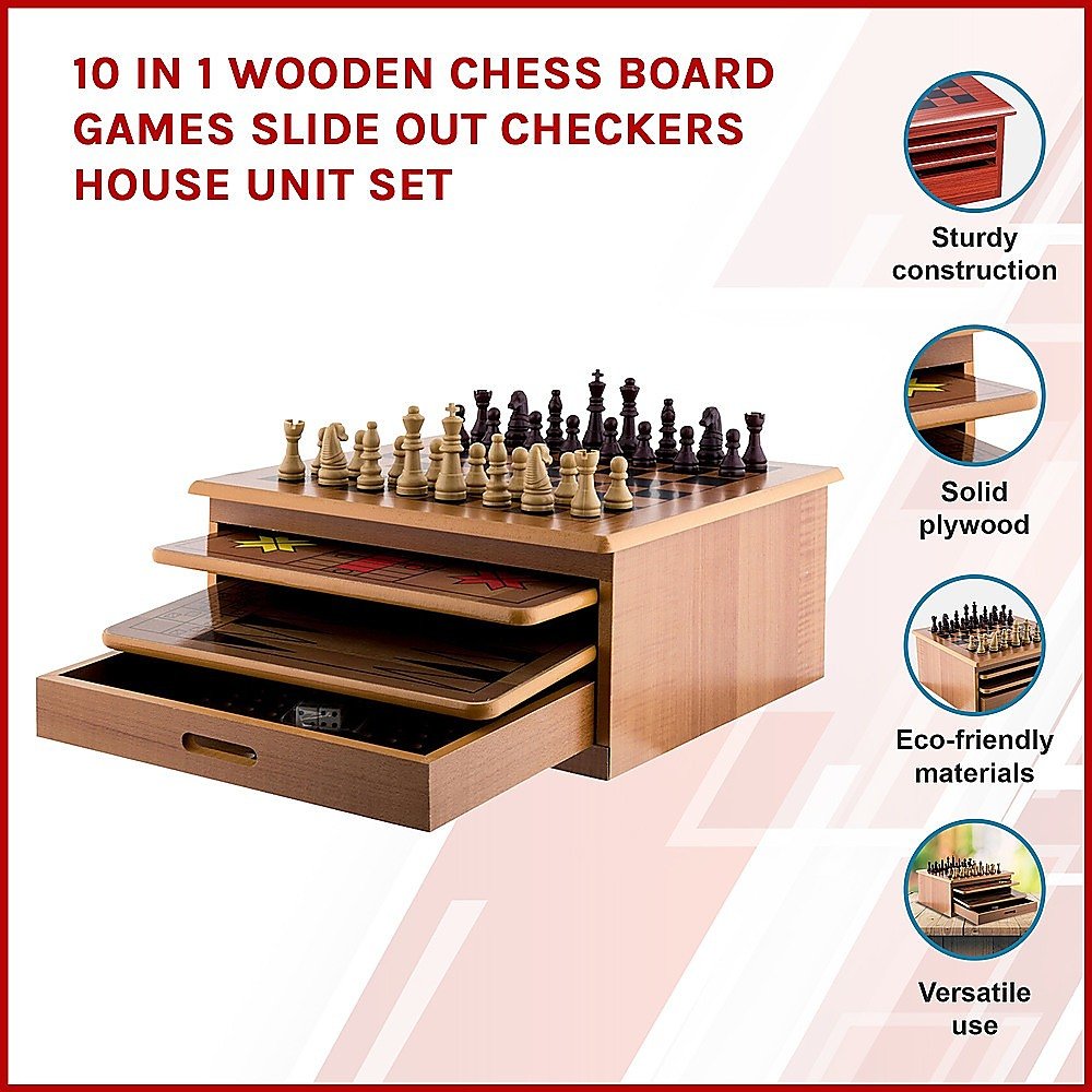 10 in 1 Wooden Chess Board Games Slide Out Checkers House Unit Set - RetroVibes.au