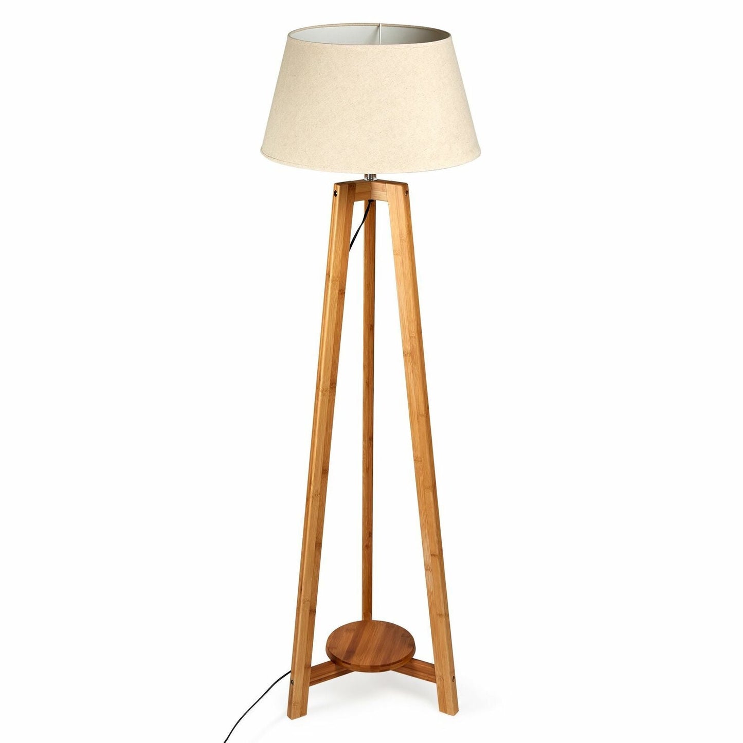 155cm Large Bamboo Wooden Tripod Floor Lamp w Beige Linen Light Shade - RetroVibes.au