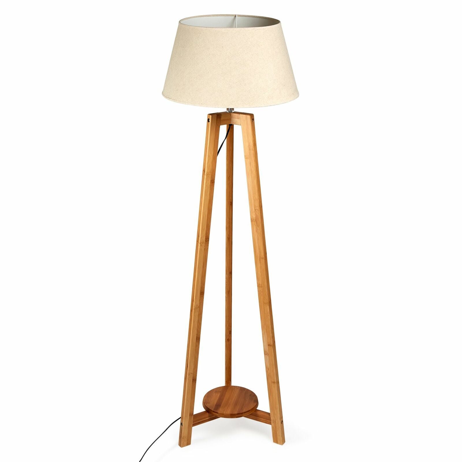 155cm Large Bamboo Wooden Tripod Floor Lamp w Beige Linen Light Shade - RetroVibes.au