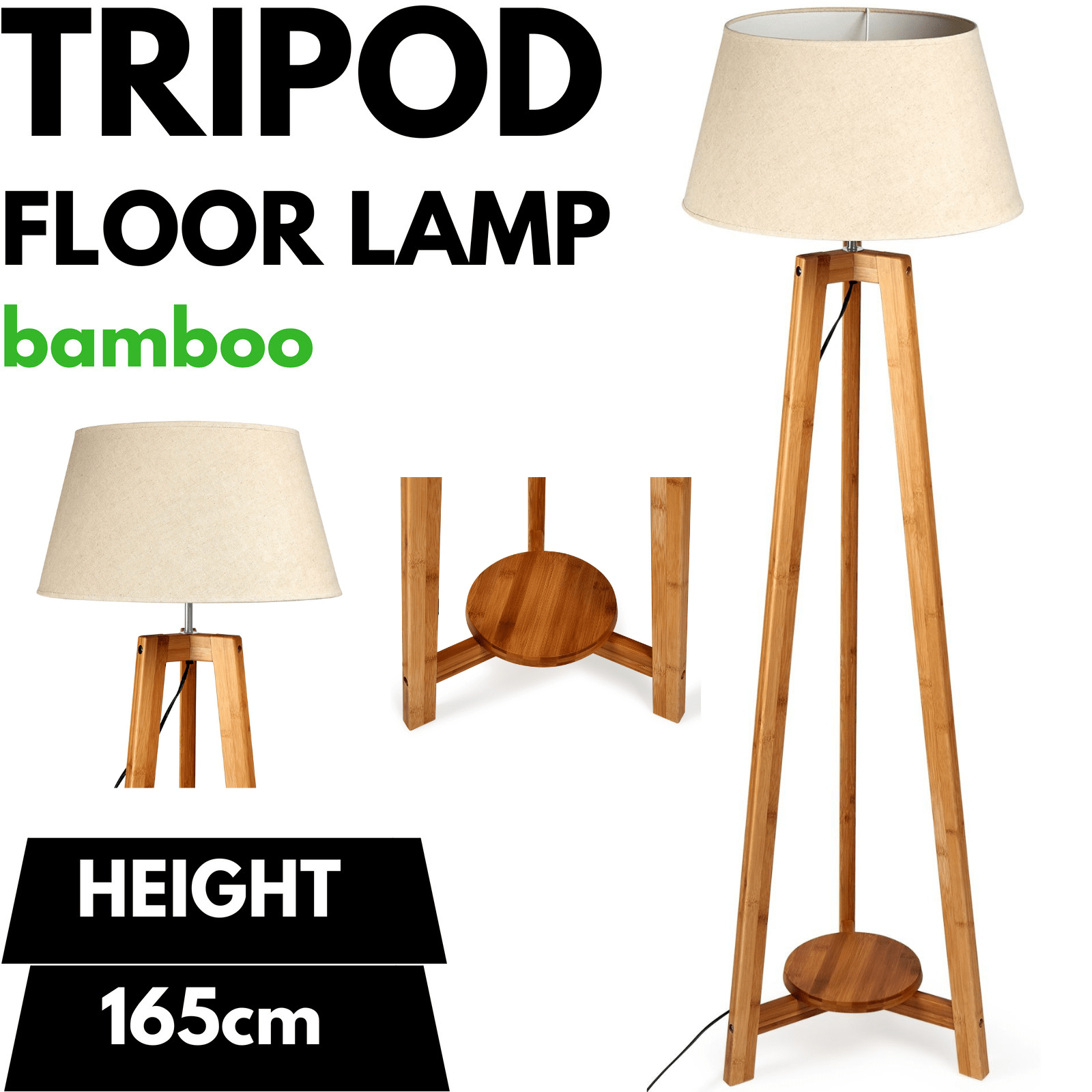 155cm Large Bamboo Wooden Tripod Floor Lamp w Beige Linen Light Shade - RetroVibes.au