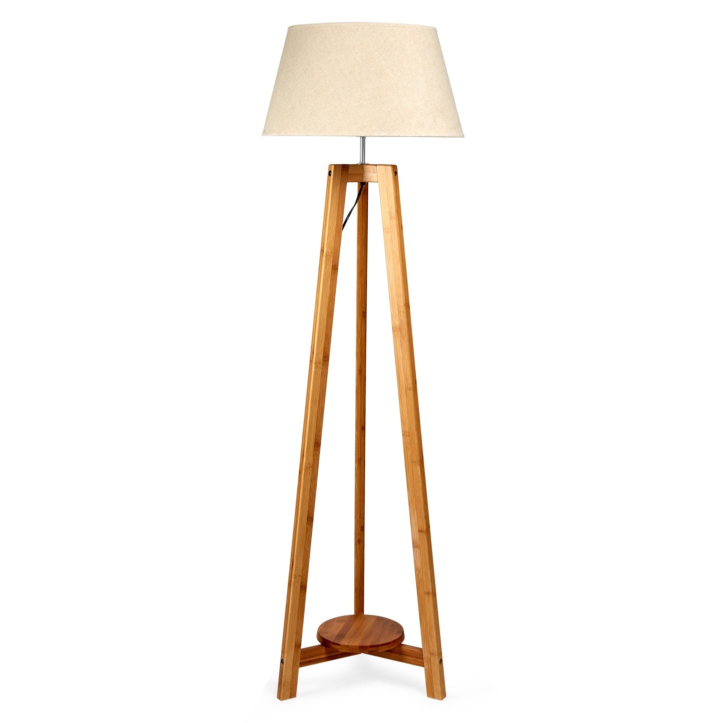 155cm Large Bamboo Wooden Tripod Floor Lamp w Beige Linen Light Shade - RetroVibes.au