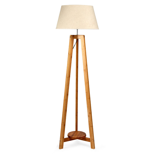 155cm Large Bamboo Wooden Tripod Floor Lamp w Beige Linen Light Shade - RetroVibes.au