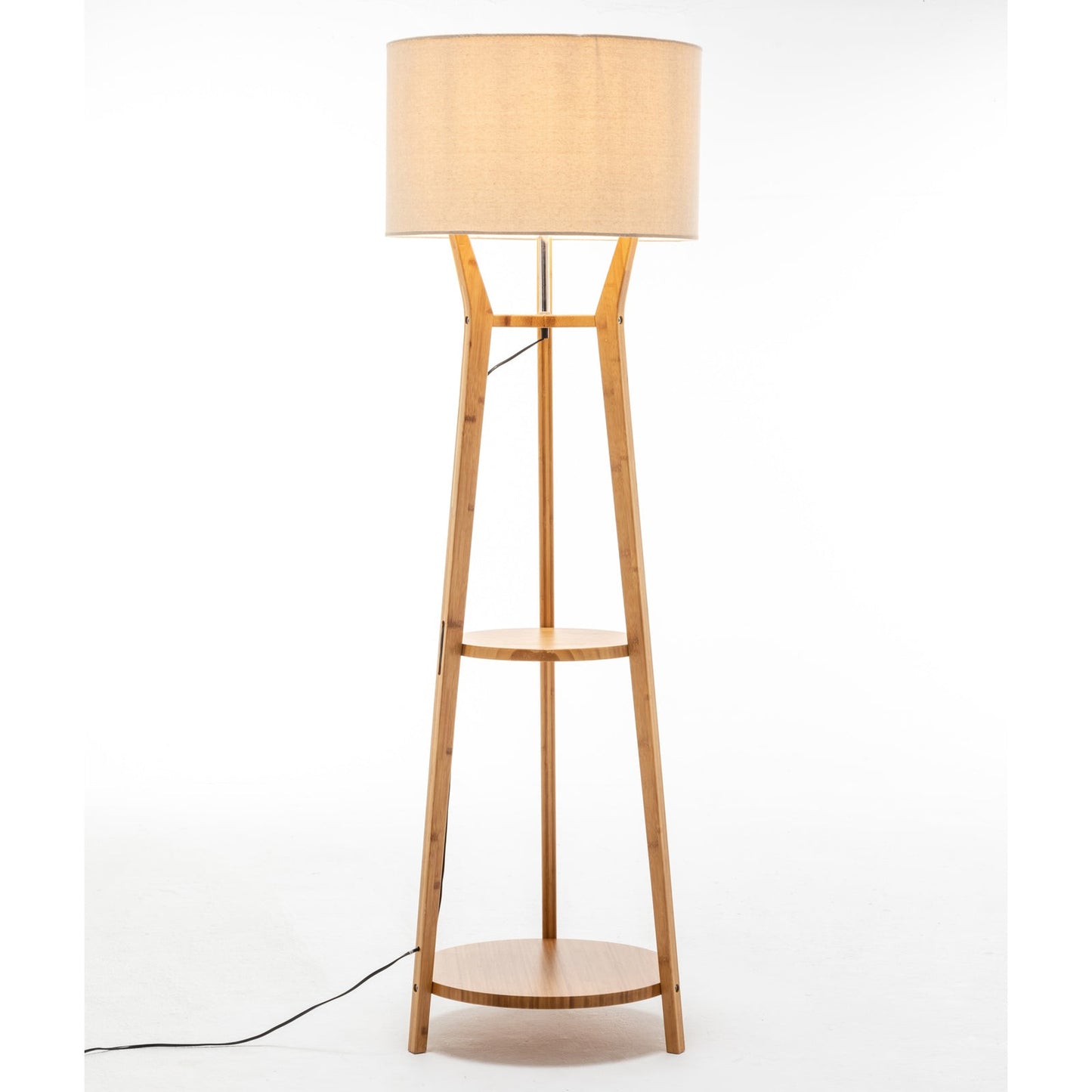 168cm Large Bamboo Wooden Tripod Floor Lamp Light Modern Linen Shade w Shelves - RetroVibes.au