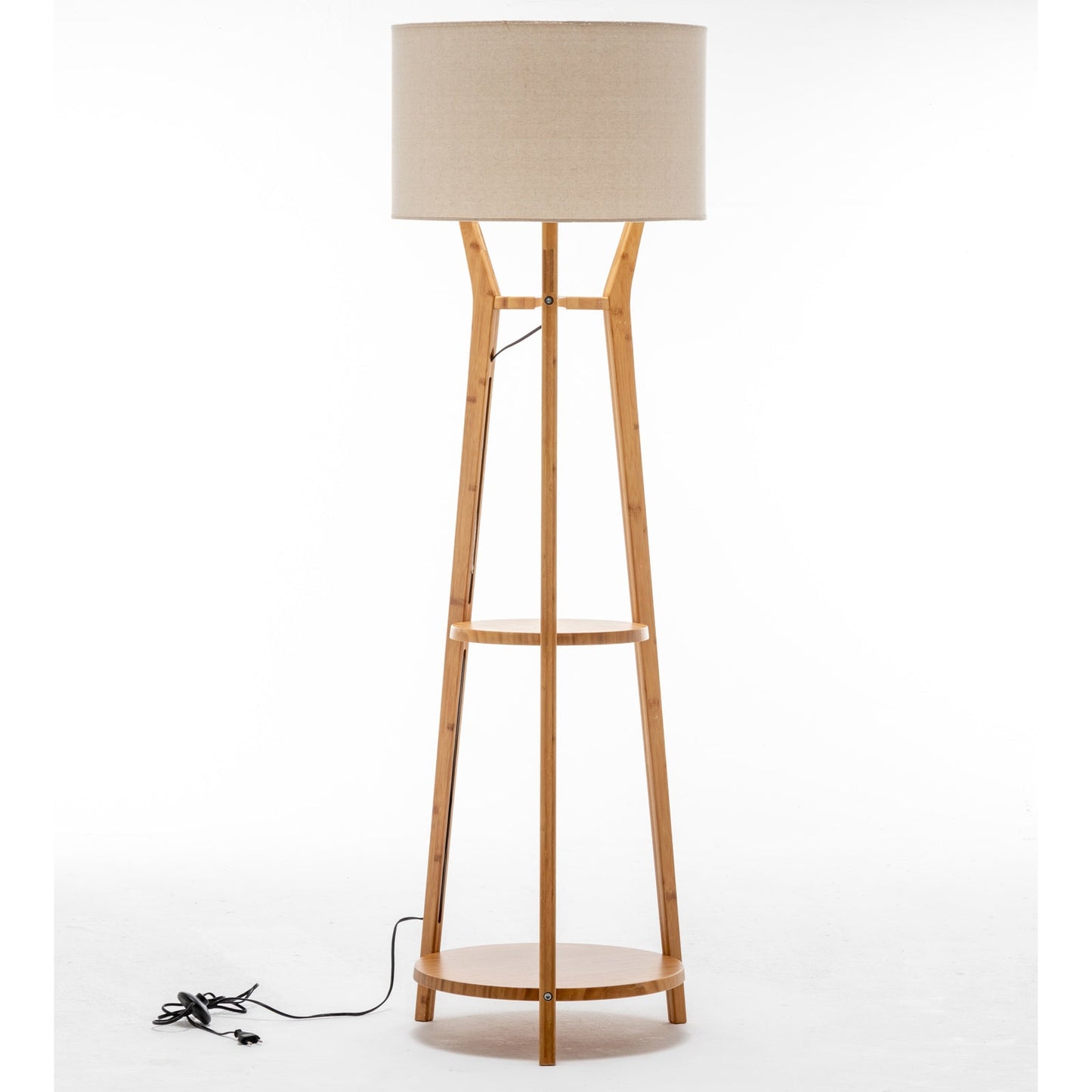 168cm Large Bamboo Wooden Tripod Floor Lamp Light Modern Linen Shade w Shelves - RetroVibes.au