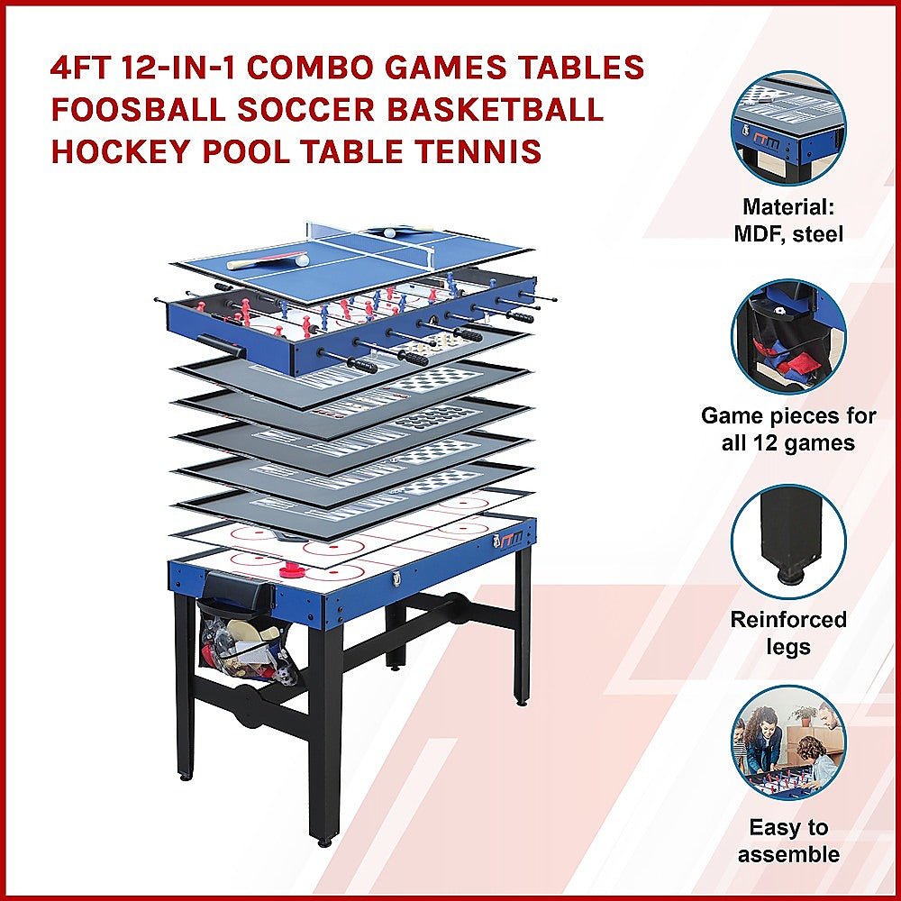 4FT 12 - in - 1 Combo Games Tables Foosball Soccer Basketball Hockey Pool Table Tennis - RetroVibes.au