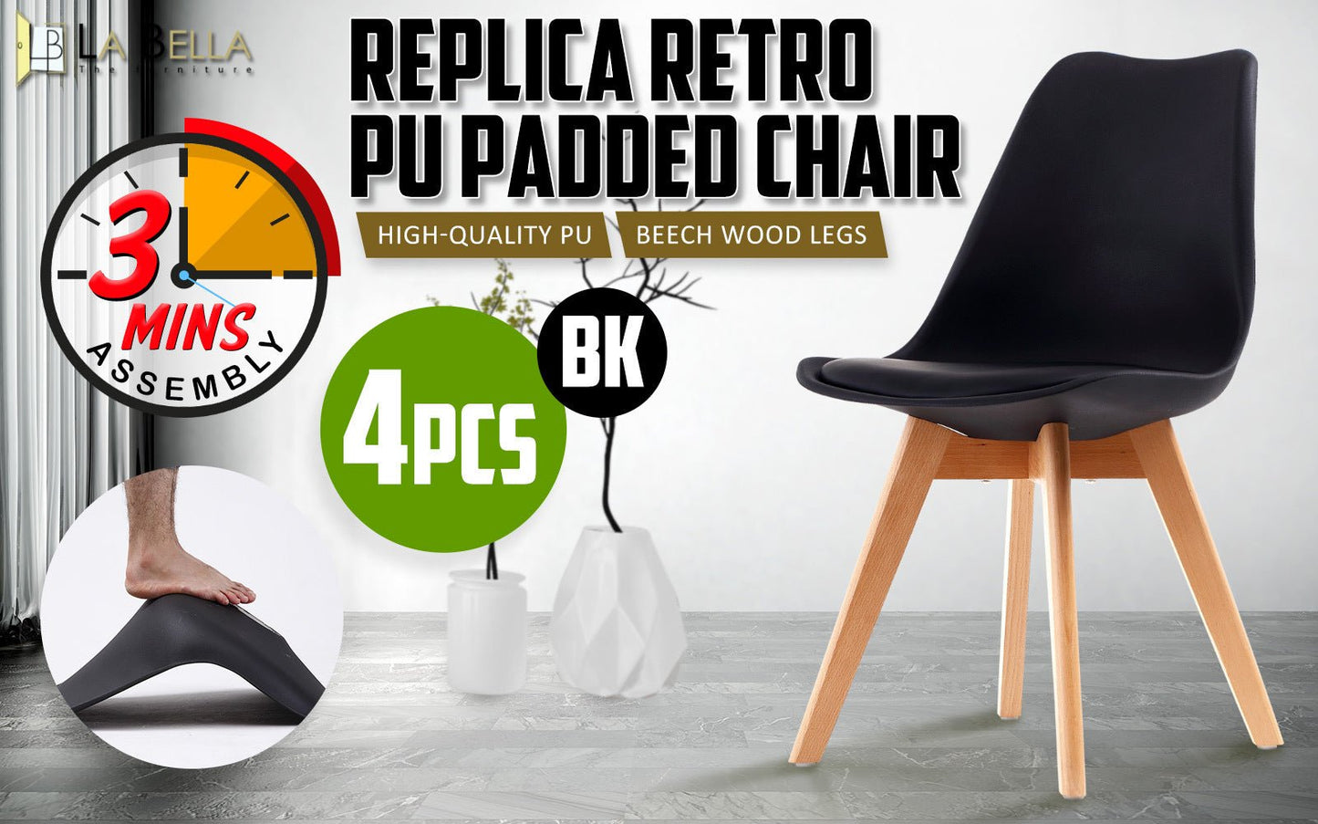 4X Retro Dining Cafe Chair Padded Seat BLACK - RetroVibes.au