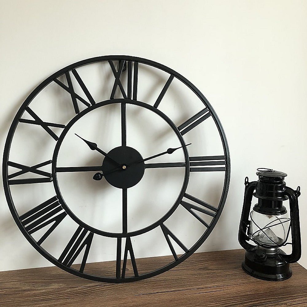 60cm Industrial Large Wall Clock, Round Metal Wall Clocks Roman Numerals Style - RetroVibes.au