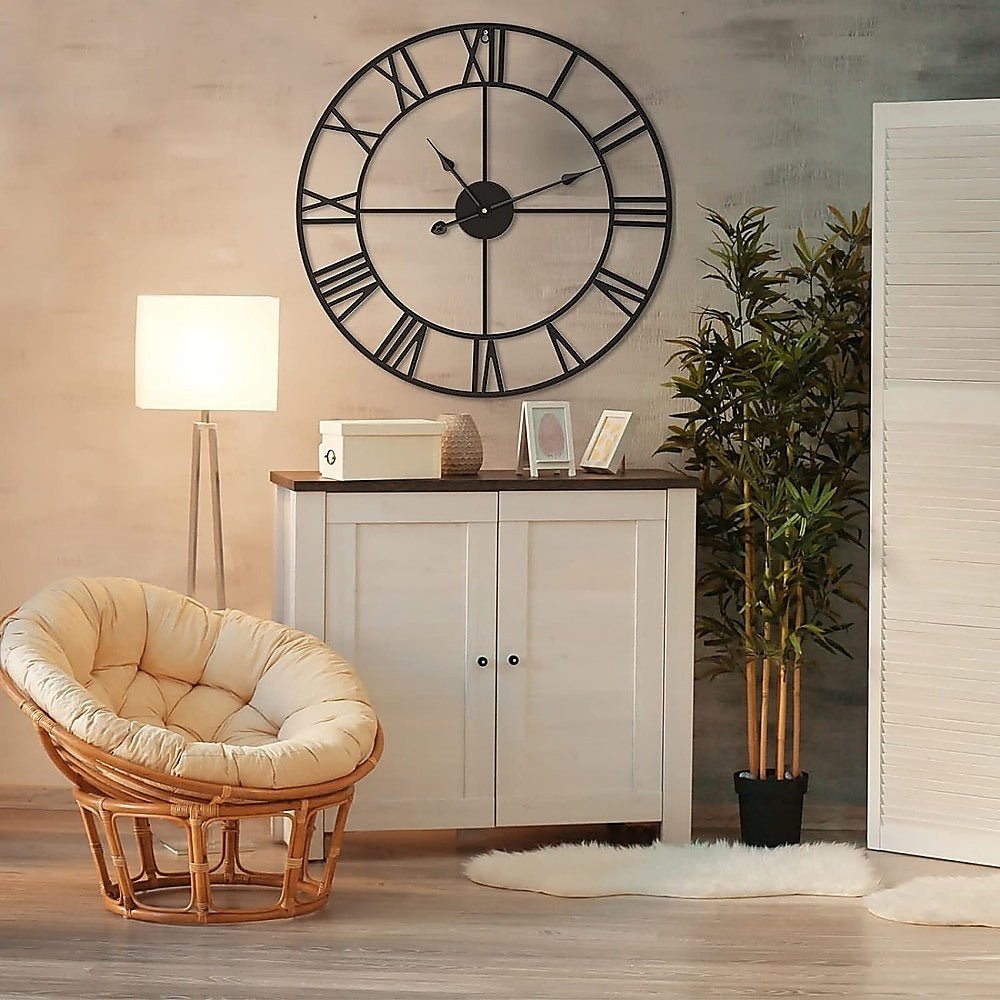 60cm Industrial Large Wall Clock, Round Metal Wall Clocks Roman Numerals Style - RetroVibes.au