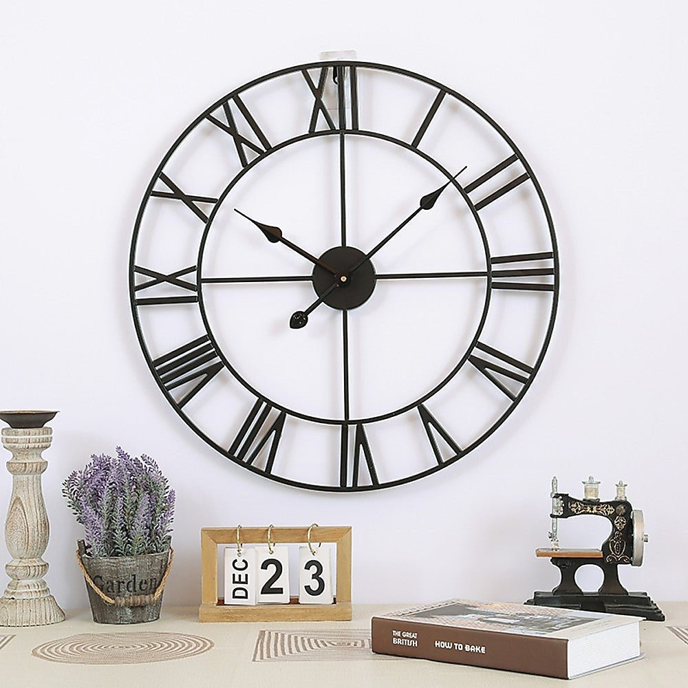 60cm Industrial Large Wall Clock, Round Metal Wall Clocks Roman Numerals Style - RetroVibes.au
