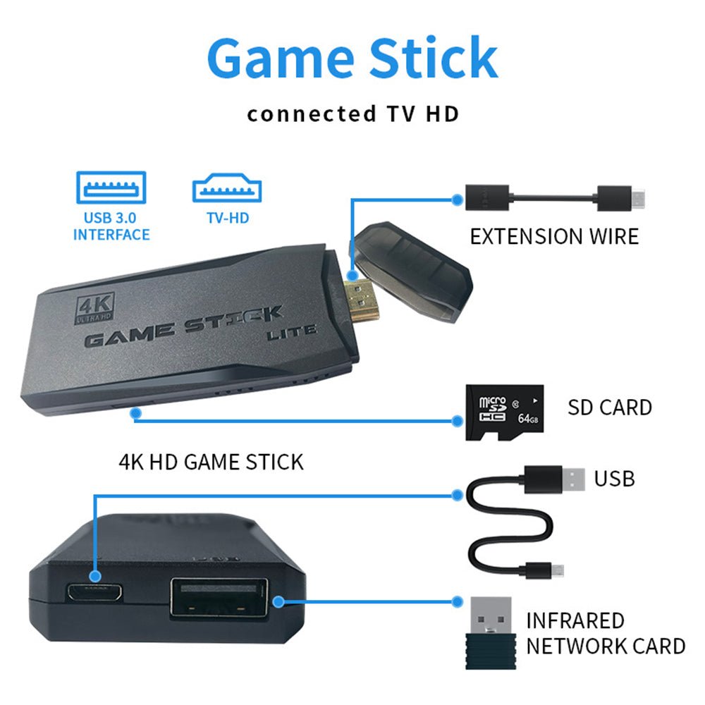 64G 4K 10000+ Retro Games Stick TV Video Game Console HDMI 2 Wireless Controller - RetroVibes.au