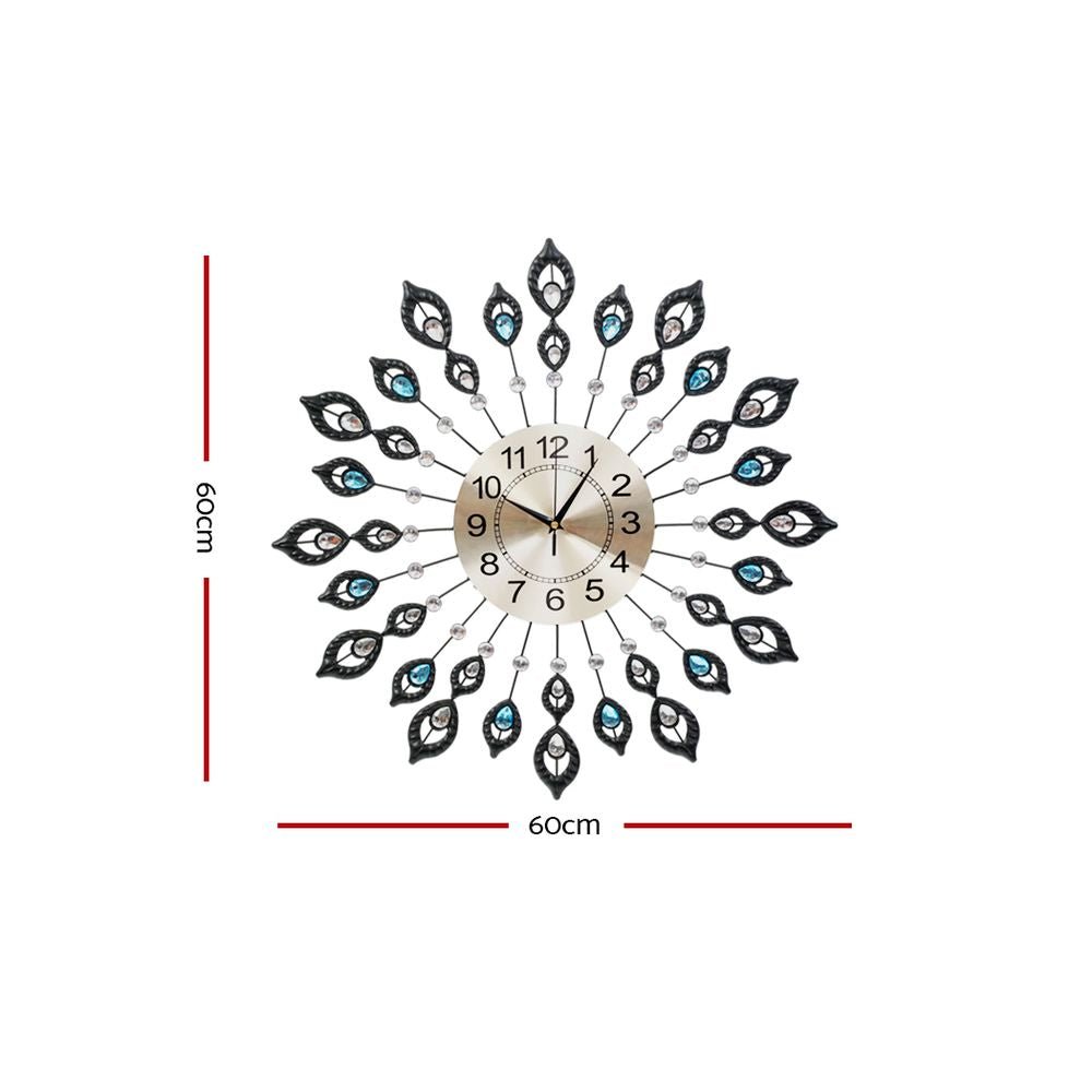Artiss 60cm Wall Clock Large 3D Peacock Crystal Silver - RetroVibes.au