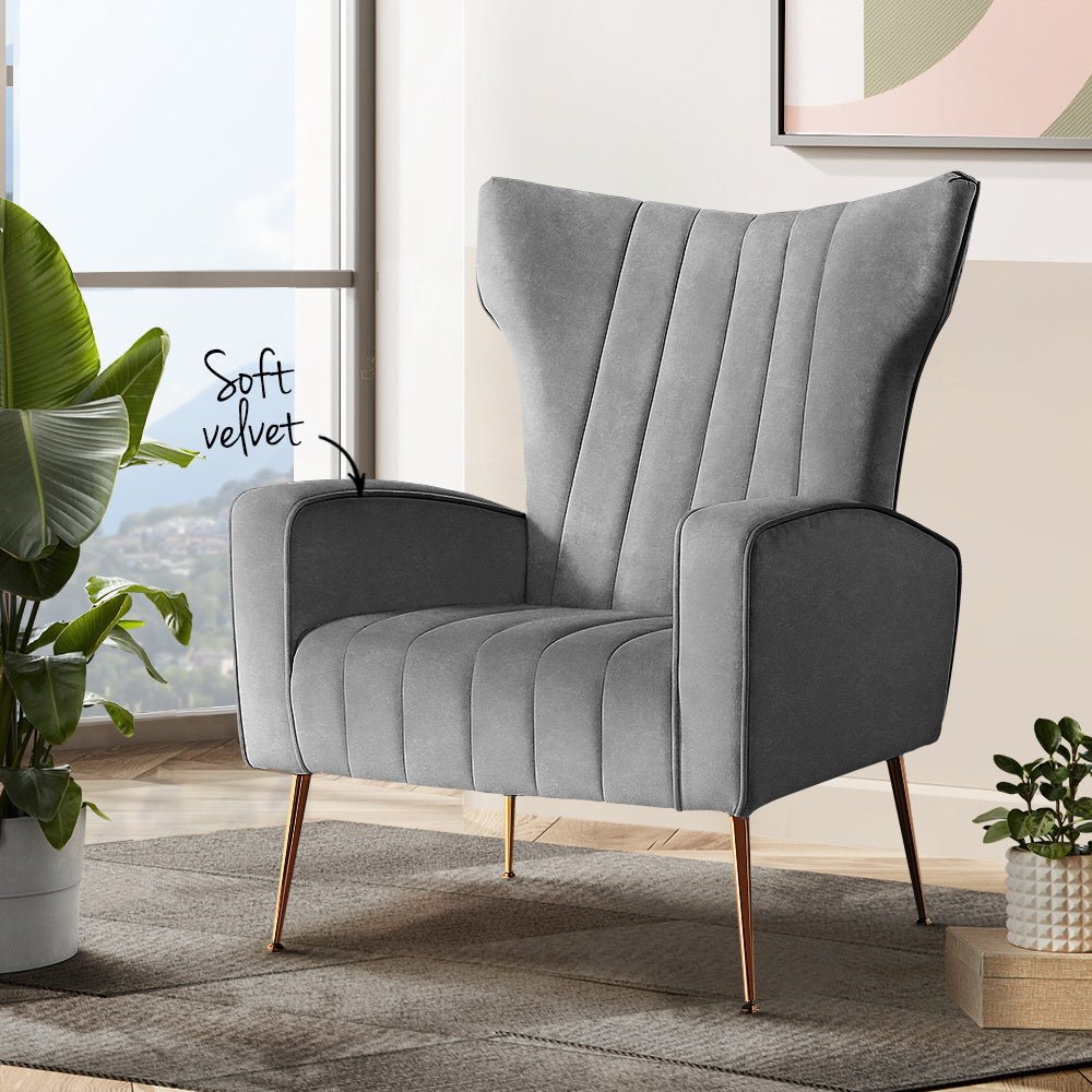 Artiss Armchair Grey Velvet Kate - RetroVibes.au