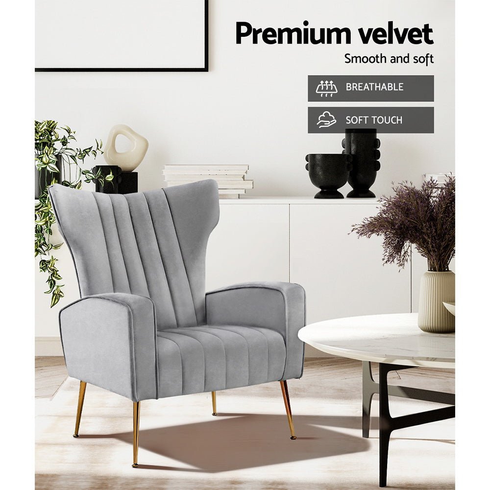Artiss Armchair Grey Velvet Kate - RetroVibes.au
