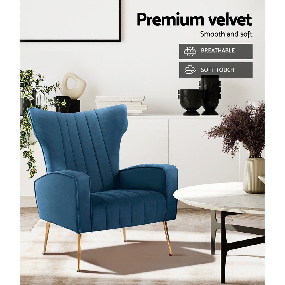 Artiss Armchair Navy Velvet Kate - RetroVibes.au