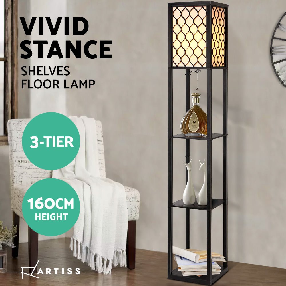 Artiss Floor Lamp 3 Tier Shelf Storage LED Light Stand Home Room Pattern Black - RetroVibes.au