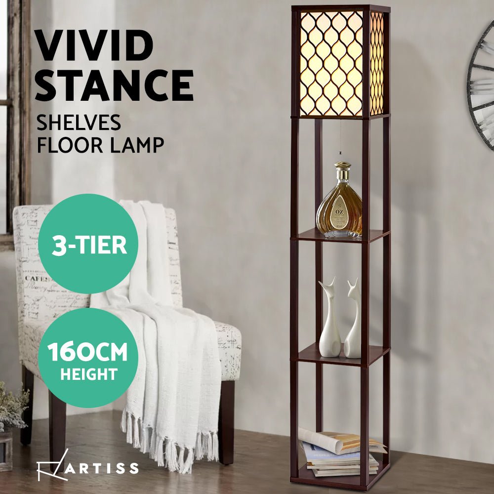 Artiss Floor Lamp 3 Tier Shelf Storage LED Light Stand Home Room Pattern Brown - RetroVibes.au
