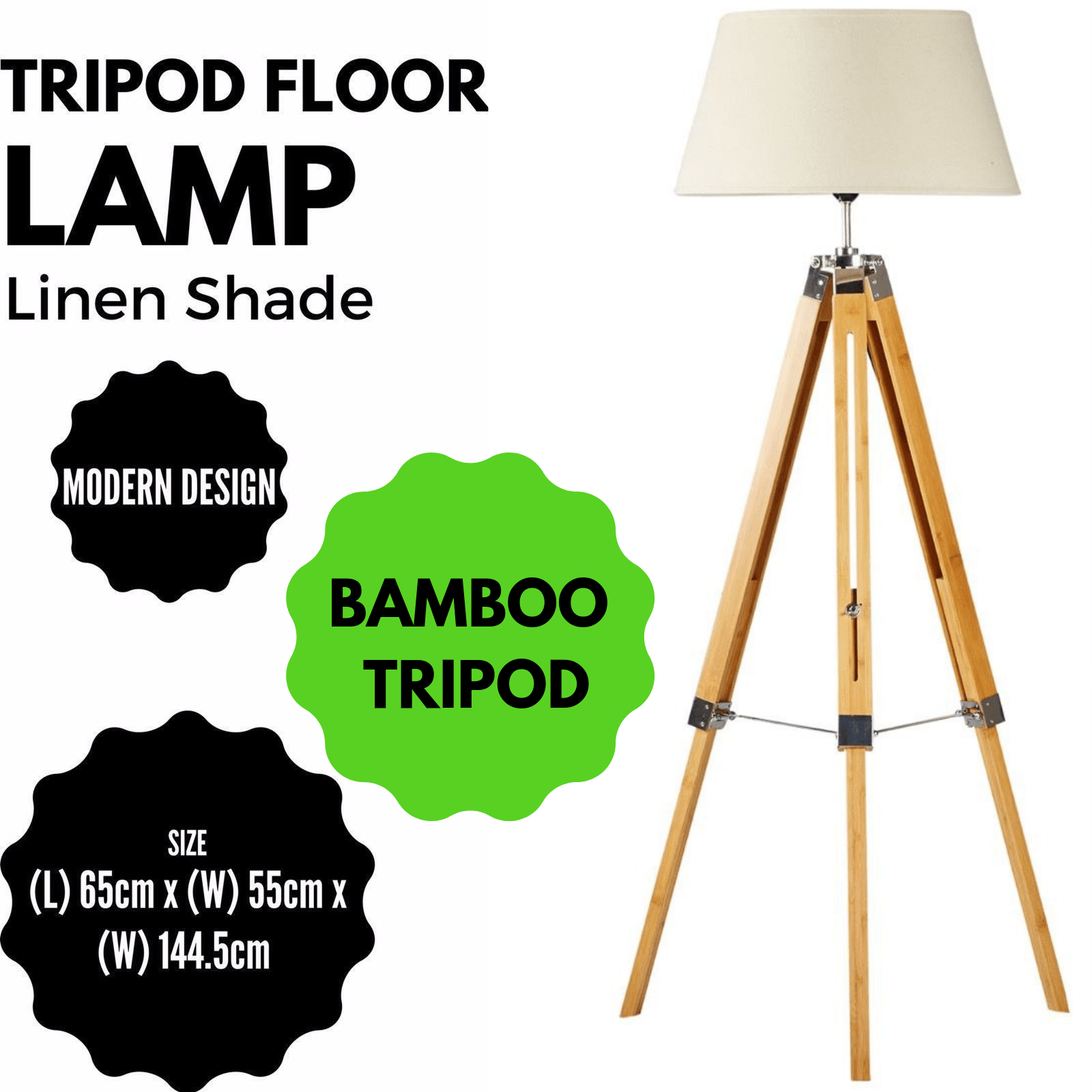 LARGE TRIPOD FLOOR LAMP Linen Shade Modern Light Bamboo Vintage Wooden Retro - RetroVibes.au