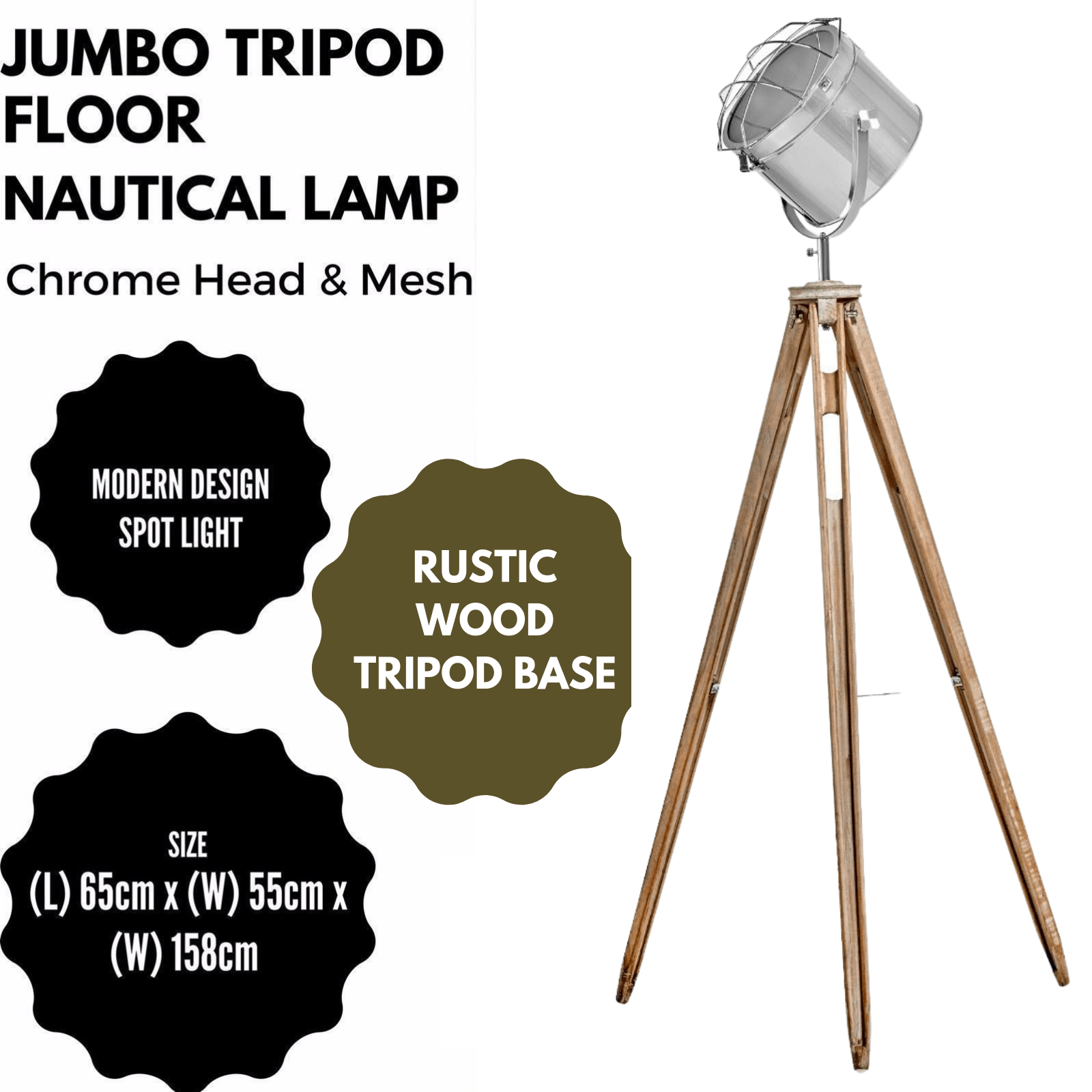 Nautical Tripod Floor Lamp Search Light Modern Chrome Head with Mesh - RetroVibes.au