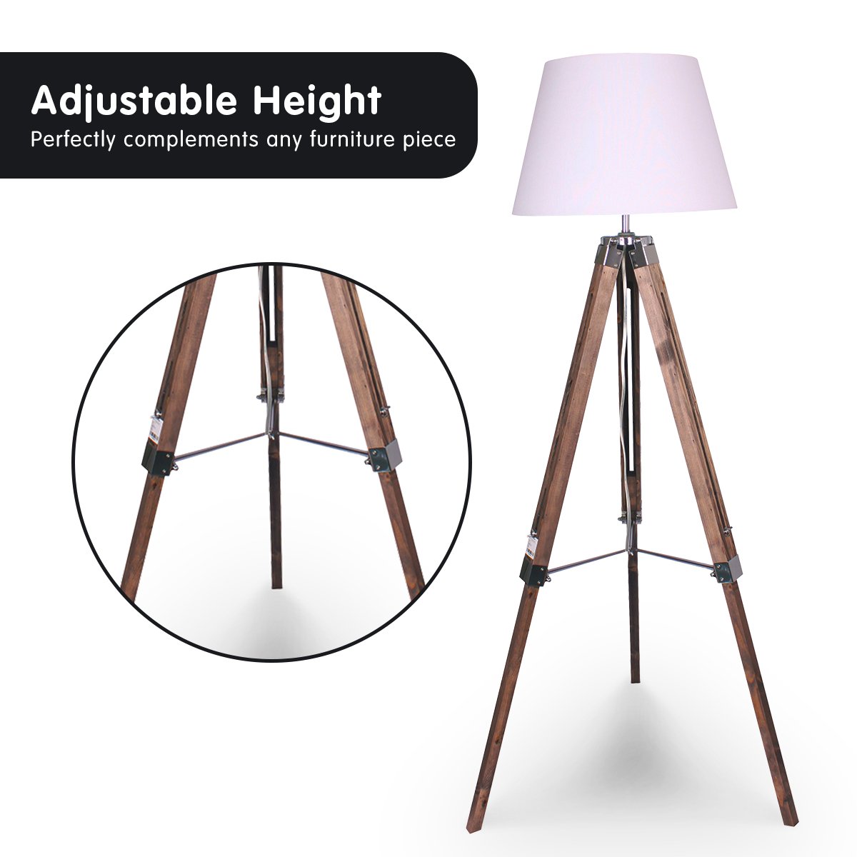 Sarantino Solid Wood Tripod Floor Lamp Adjustable Height White Shade - RetroVibes.au