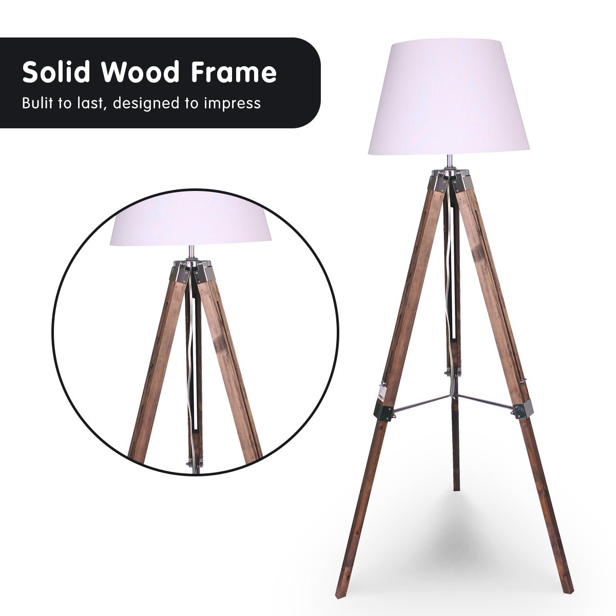 Sarantino Solid Wood Tripod Floor Lamp Adjustable Height White Shade - RetroVibes.au